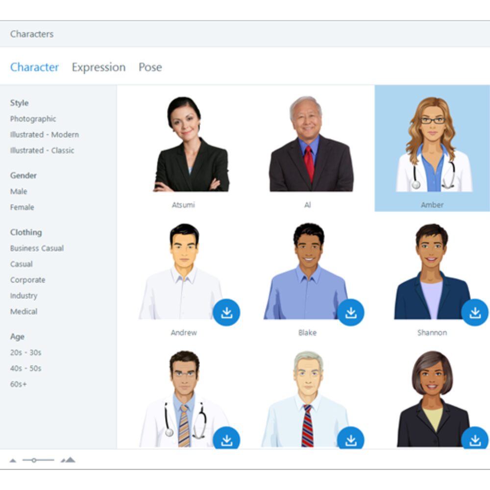 Articulate character menu