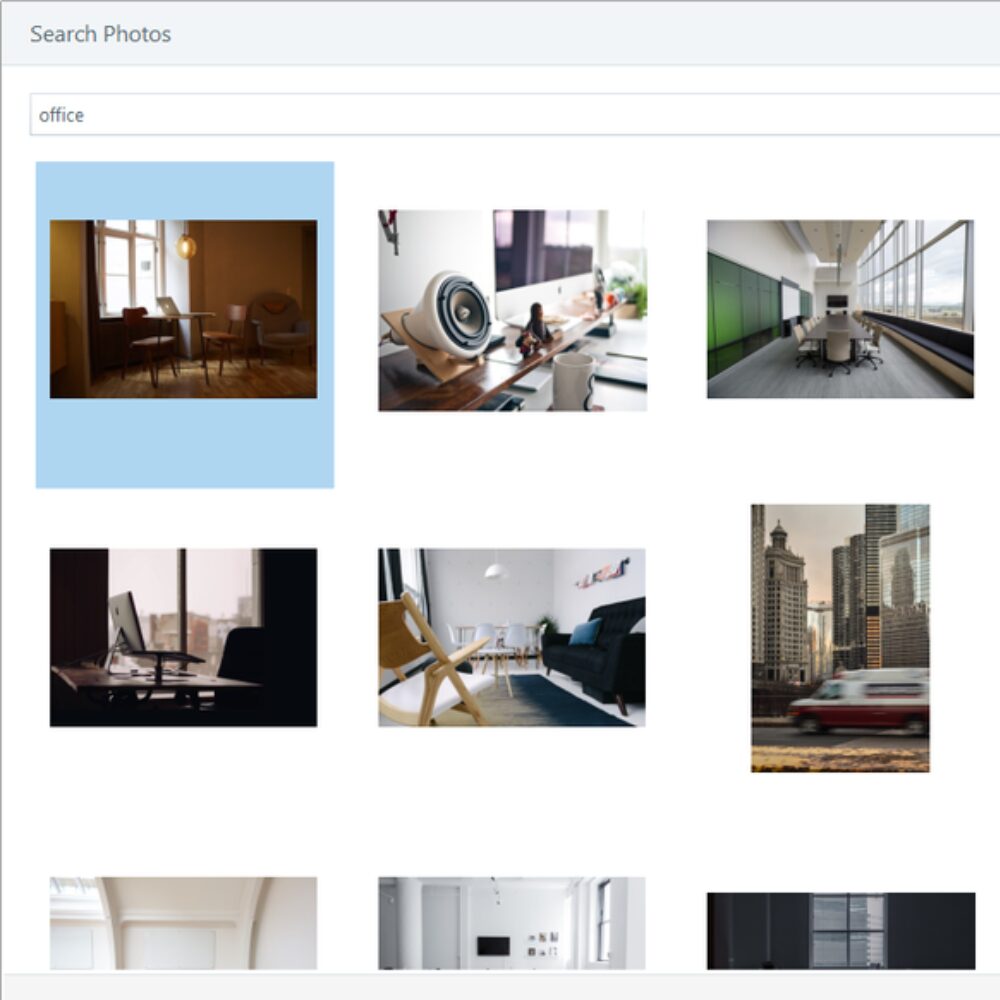 Screenshot of the Articulate content library image search, showing a search for photos relating to 'office'