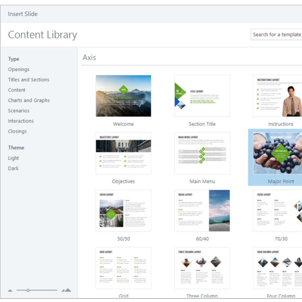 A screenshot of Articulate Storyline templates feature within the content library